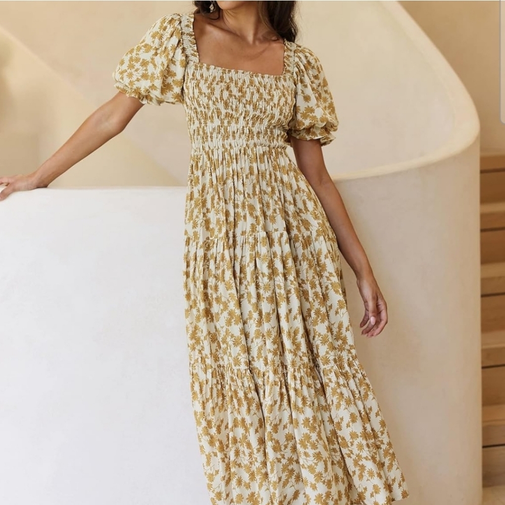 Mustard FLORAL Smocked Midi Dress